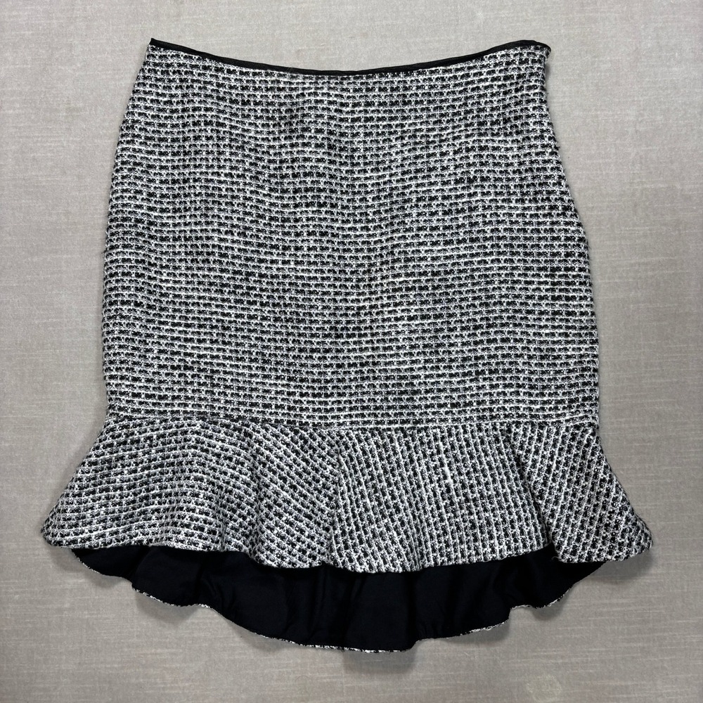 White House Black Market Tweed Ruffle Hem Pencil Skirt Women Size 6 Black White